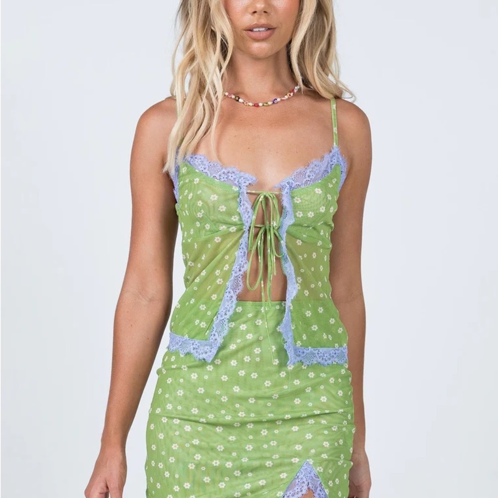 Green Floral Princess Polly Malia Set with Blue Lace Trim